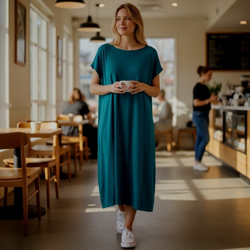 Eileen fisher sz L teal sheath minimalist short sleeve stretchy midi dress MM